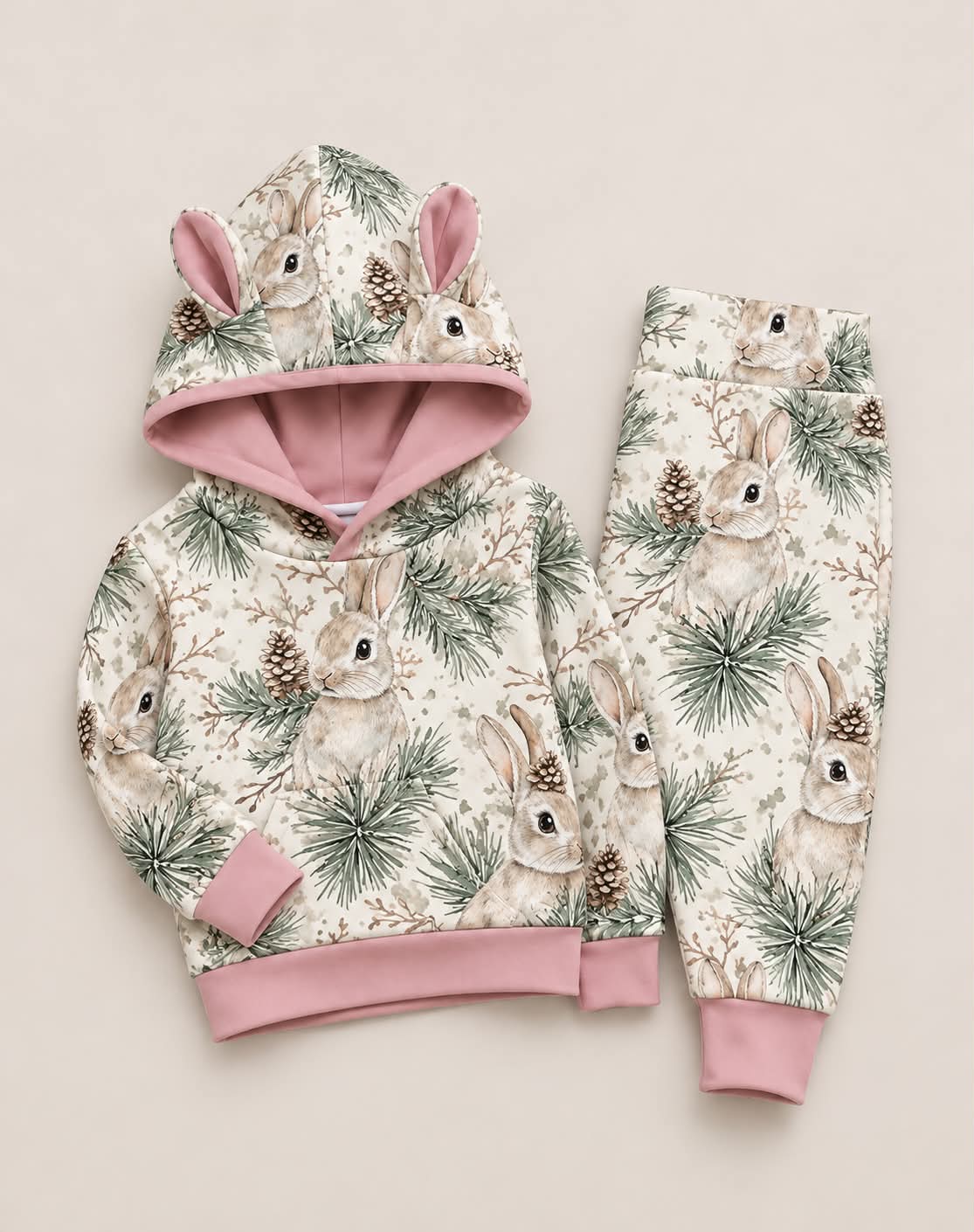 Komplet bluza plus spodnie w króliczki zimowe z różem