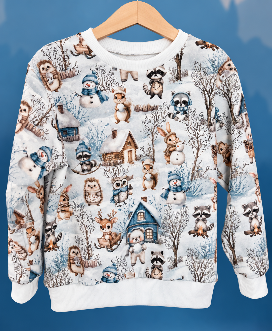 Bluza w zimowe harce w odcieniach bieli i błękitu