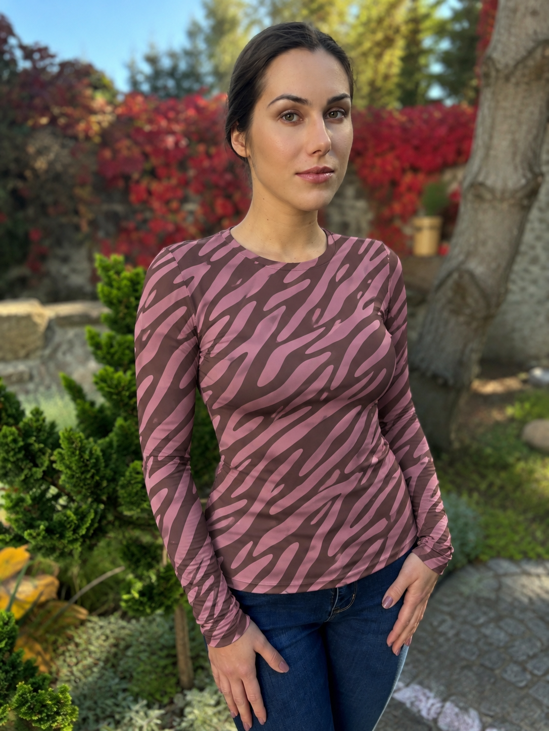 Damska dopasowana bluzka longsleeve Lena na długi rękaw zebra